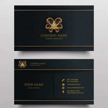 Luxury business card with gold floral ornamental logo and place for text on dark background